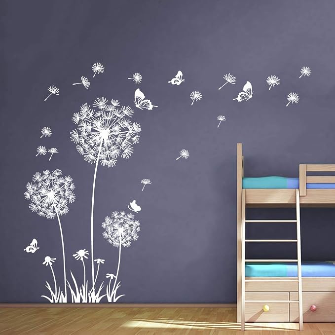 Runtoo White Dandelion Art Stickers - Large Flower Butterfly Wall Decals for Bedroom and Living Room Decor by Runtoo