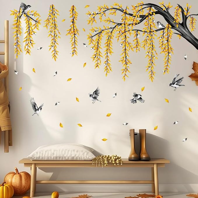 Fall Large Tree Branch Wall Decals Hanging Autumn Yellow Leaves Wall Stickers Peel and Stick Leaf Branch Bird Wall Decor for Living Room Bedroom Tv Background Decor - Image 6