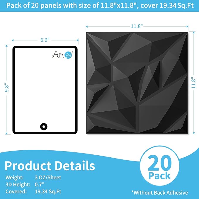 Art3d 20 Pack Decorative 3D Wall Panels for Interior Wall Decor Living Room, 11.8"x11.8" Black Wall Art PVC Panels for Bedroom TV Background Gaming Room Decor - Image 2