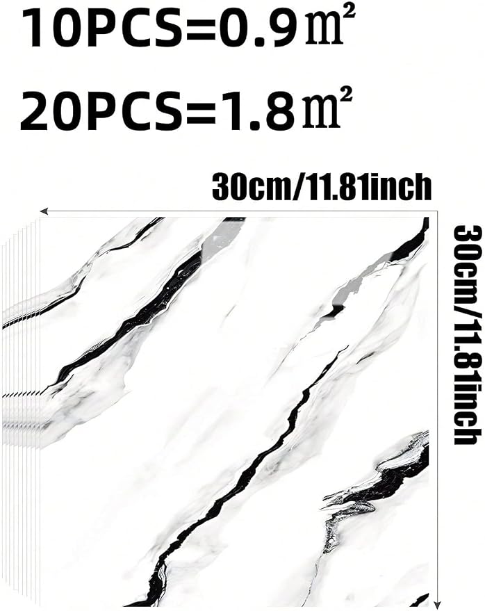 Chejiaye 10pcs Marble Peel and Stick Backsplash Waterproof Washroom Wall Panels, Peel and Stick Tile, PVC Foam Wall Panels for Kitchen,Bathroom,living room,White and Black(Not Real Tile,11.8" x 11.8") - Image 4