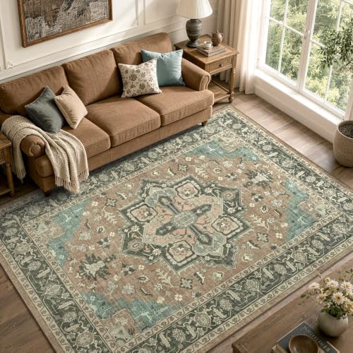 4x6 Ft Area Rugs for Living Room, Soft Non-Slip Machine Washable Rug, Vintage Stain Resistant Carpets for Bedroom Nursery Dining Room Home Decor (Brown) - Image 2