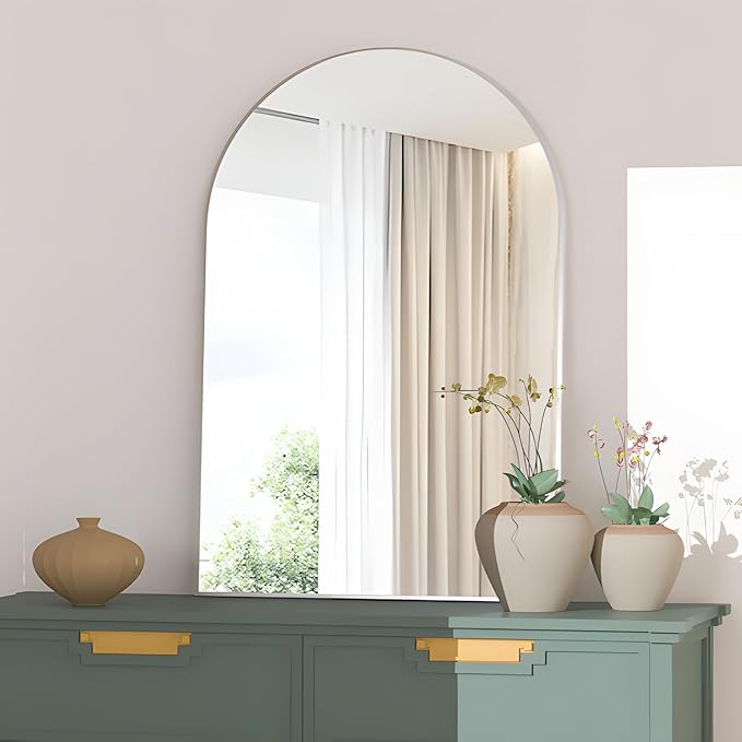 Wall Mounted Mirror, Arched Wall Mirror for Bathroom, 24"x36" Arch Bathroom Mirror with Metal Frame, Silver Vanity Mirror Decor for Mantle, Bedroom, Entryway, Living Room by NEUWEABY