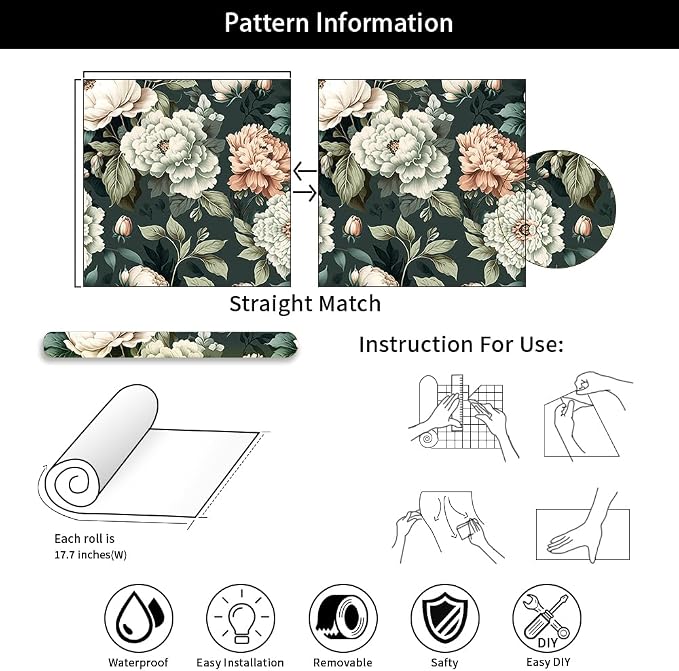 Dark Green White Peonies Vintage Floral Peel and Stick Wallpaper Wall Decor Self Adhesive Wall Paper Stick on Easy Peel Off Contact for Renter Apartment - Image 7