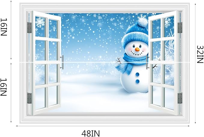 Fake Window Wall Decal- Winter Christmas Blue Snowman Snowflakes Sticker | ｜Faux Window Natural Scenery Landscape Mural ｜ Stick and Peel Wall Decal｜Room Bedroom Office Decor｜48"x32",Set of 2 Sheets - Image 7