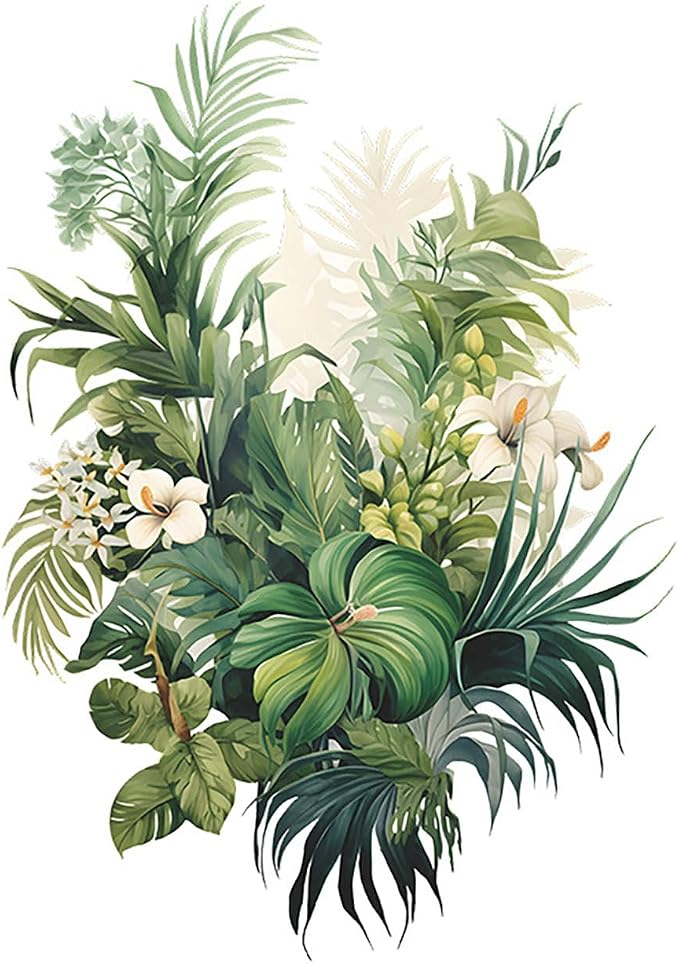 Botanical Wall Decals with Palm Leaves Lush Green Foliage White Flowers Removable Peel and Stick Wall Art 22.4x15.7 inches for Living Room Nursery Home Decor by Unknown