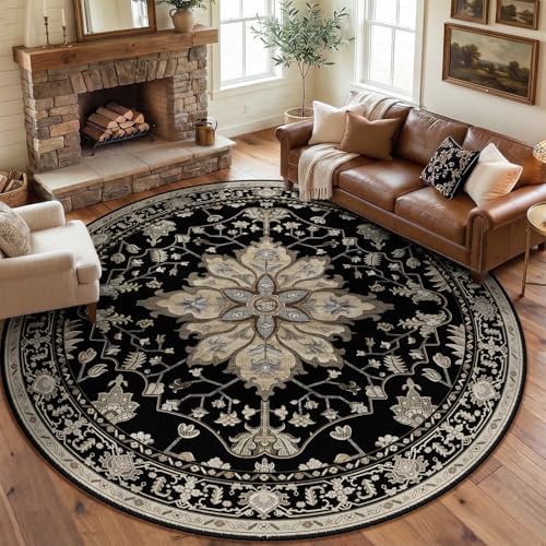 RELEANY Washable Area Rug, Round 8ft, Black/Neutral by RELEANY
