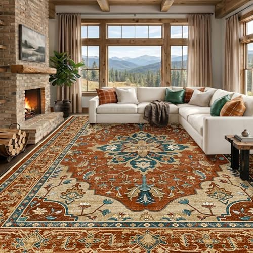 RELEANY Washable Area Rug, Large 10'x12', Red/Orange/Blue/Brown by RELEANY