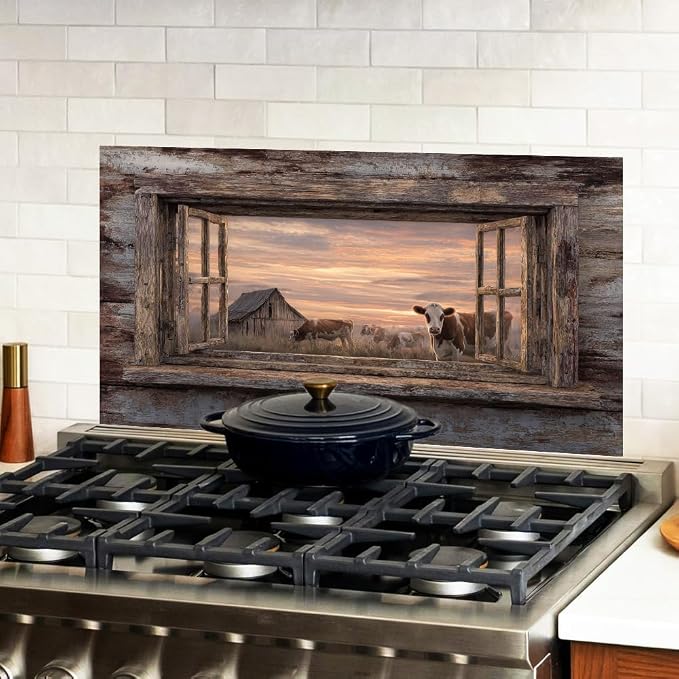 Farmhouse Cow Barn Kitchen Backsplash Peel and Stick, 30x16 in | Rustic wood frame window view of cows and barn at golden sunset; flat 2D waterproof peel and stick; wipe clean; 30x16 in - Image 2