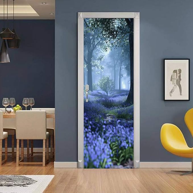 REDAMANCY 30.7"x79" Purple Lavender Flowers Forest Peel and Stick Door Stickers Vinyl 3D Mural Decals Modern Wallpaper Self-Adhesive, Waterproof, Removable Decor for Kitchen - Image 3