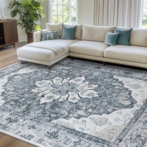 RELEANY Washable Area Rug, 7'x10', Grey/White/Beige by RELEANY