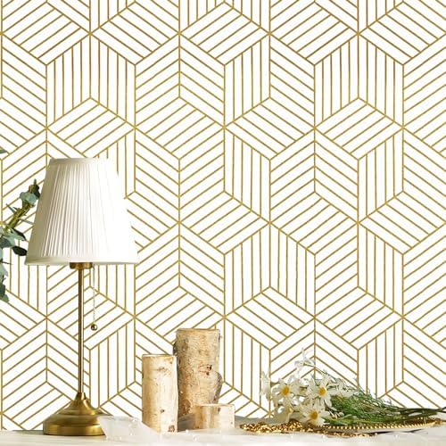 CiCiwind Wallpaper Peel and Stick Modern White and Gold Contact Paper Peel and Stick Geometric Removable Self Adhesive Wall Paper for Bedroom Renter Friendly Papel Tapiz para Pared 15.7"x118" by CiCiwind
