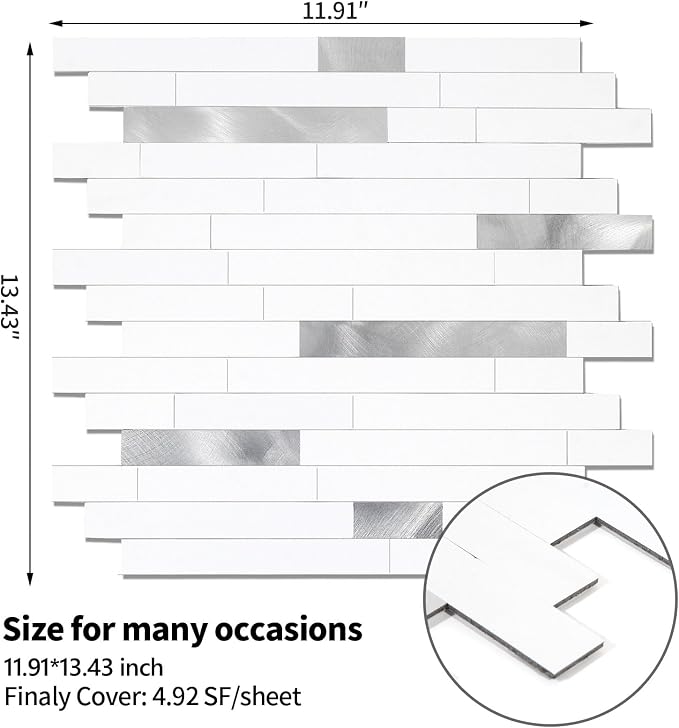 Yipscazo Peel and Stick Stone Metal Backsplash, Stick on Tiles for Backsplash Kitchen (5 Pack, Pure White) - Image 6