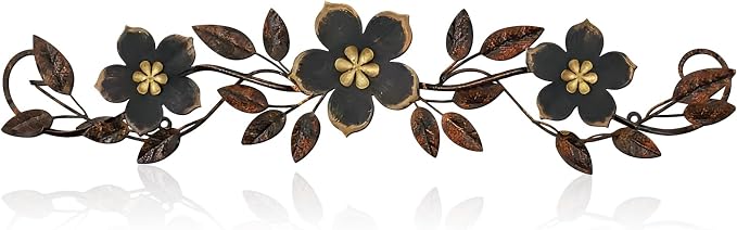 Wesiti Metal Flower Wall Decor Wrought Iron Scroll 15.7x3.7,Black | Vintage Metal Flower decor,Farmhouse Leaf Art with Nails, Flat Not 3D Design, For Bedroom Kitchen Indoor Outdoor Wall Decor by Unteilti
