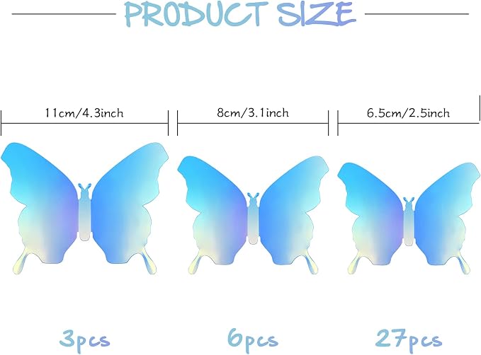BBTO 48 Pcs 3D Butterfly Mirror Wall Decor,Blue | Butterfly Stickers,3 Sizes,for Birthday Party Cake,Room Nursery Bathroom Wall Decor,Removable Peel Stick,Reflective - Image 2