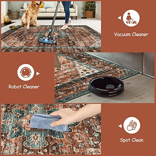 Moynesa Ultra-Thin Washable 10x14 Area Rugs for Living Room, Boho Large Living Room Rug Non Slip,Vintage Oriental Indoor Floor Carpet for Dining Room Table Dorm Home Office Decor, Brick Red - Image 5