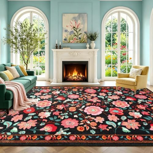 8x10 Ft Washable Area Rug for Living Room Black Vintage Floral Carpet - Image 2