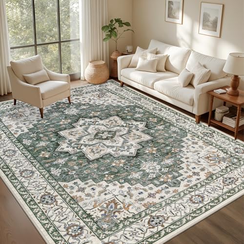 4x6 Area Rugs Living Room: Washable Rug for Bedroom Green Ivory by EXPEDIX