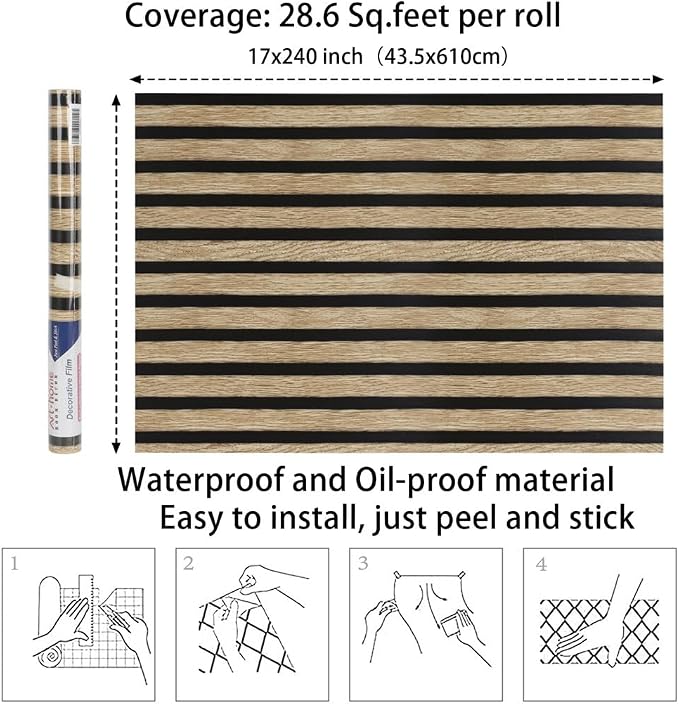 Arthome 17''x240'' Wood Slat Wallpaper,Peel and Stick Self Adhesive Wood Wallpaper PVC Vinyl Decorative Removable Wallpaper Waterproof Faux Wood Grating Stripe Contact Paper for Living Room Bedroom - Image 7