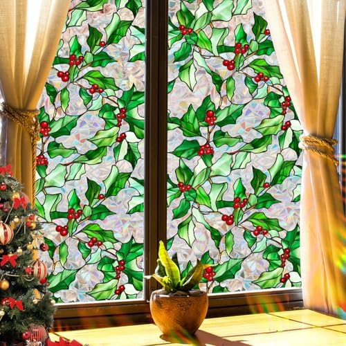 Christmas Window Film Christmas Green Window Clings DIY Glass Art Decoration Xmas Red Berry Designs Privacy Film Stained Glass Window Film Windows Sticker for Holiday Bedroom Door Decor - Image 6