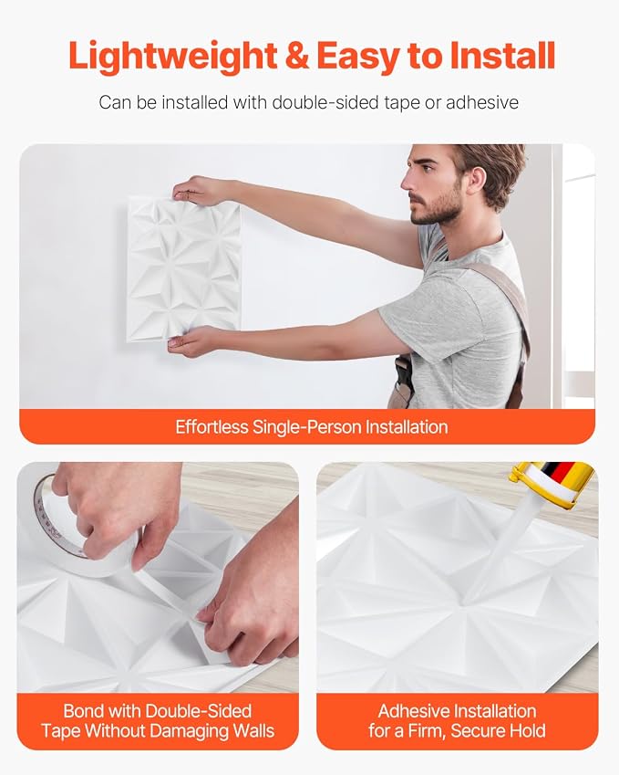 VEVOR 3D Wall Panels, 33-Pack 11.81 x 11.81 in PVC Modern Art Minimalist Diamond Tiles, 32 Sq.Ft Coverage Accent Wall Panel, Interior Home Decor for Ceiling, Bedroom, Living & Gaming Room, Matte White - Image 6
