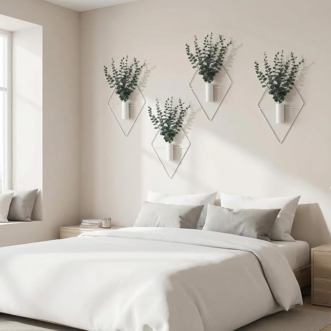 Jexine 4 Pcs Hanging Planters with Artificial Eucalyptus, Metal Wall Vase | Bathroom Wall Decor, Geometric Metal Vase, Indoor Plants, Living Room, Home Office, Entryway, Boho Accent, Wall Mounted - Image 5