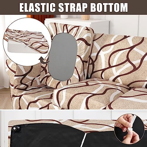SearchI Stretch Sofa Cover Printed Couch Cover, Floral Pattern 4 Pieces Sofa Slipcover with 3 Separate Cushion Cover, Washable Furniture Protector for Living Room(Sofa, Khaki) - Image 4