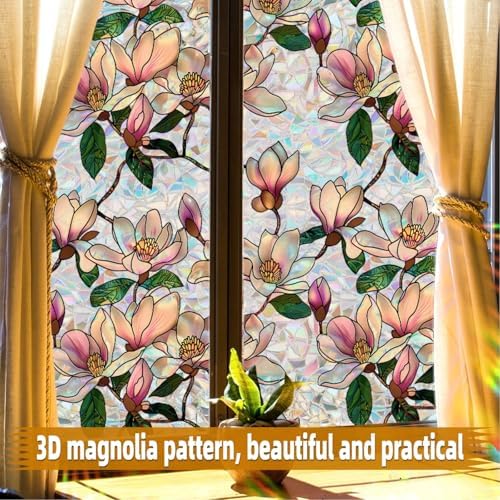 Retro Flowers Window Privacy Film, Magnolia Stained Glass Decorative Window Film for Glass, Rainbow Stained Window Cling Sticker Floral Removable Static Cling for Window (1, Magnolia, 17x39.4in) - Image 3