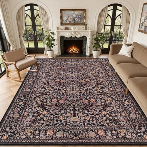 Area Rug 9x12 Living Room: Soft Floral Washable Boho Carpet Brown by EXPEDIX