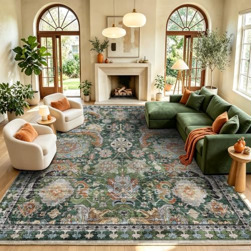 RUGSURE Washable Area Rugs - Perfect for Living Room, Bedroom, Kids Room, Nursery - Stain & Water Resistant Non-Slip, Pet & Child Friendly, Vintage Tribal Area Rugs (Green, 8' x 10') by RUGSURE