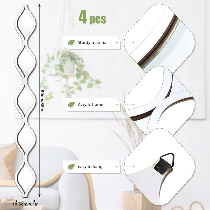 Qunclay 4 Pcs Teardrop Mirror Wall Art Decorative Mirror Wall Decor, Silver - Image 2