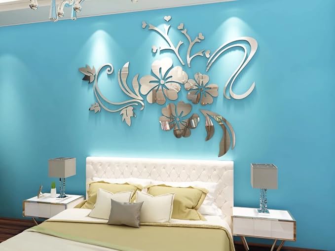 Wall Stickers 3D Flower Mirror - Family Decal Living Room Wall Decor Sticker Home Decorations Room Decor for Office Sofa Bedroom Decals (Silvery L:59 * 78in) - Image 2