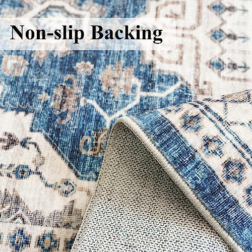 Hallway Washable Runner Rug - 2'6x14 Kitchen Rugs Entryway Rug Runner Vintage Soft Floor Mat Non Slip Indoor Farmhouse Carpet for Bathroom Living Room Bedroom (2'6''x14', Blue) - Image 5