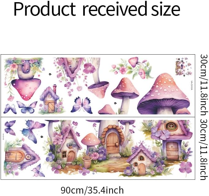 2 Sheets Purple Cartoon Mushroom House Wall Stickers Removable DIY Green Plants and Flower Wall Stickers Viny Purple Butterfly Wall Decal for Girls Home Nursery Bedroom Bathroom Decoration - Image 2