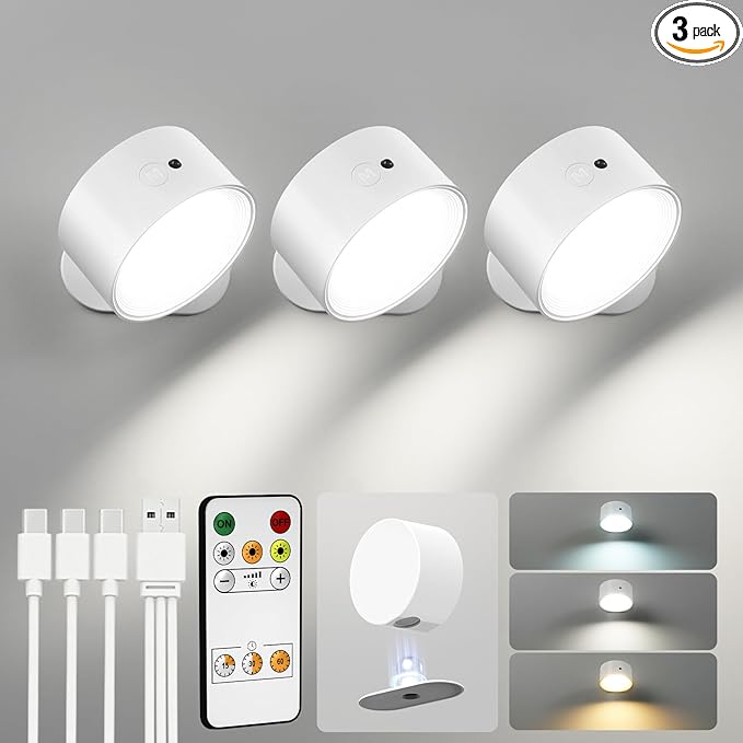 LED Wall Mounted Sconces, Rechargeable Wall Lights, White, 3 Pack | Cordless Design, 3 Color Temperatures, Dimmable, Remote & Touch Control, 360° Rotation, Bedroom & Living Room by AMETHEUS