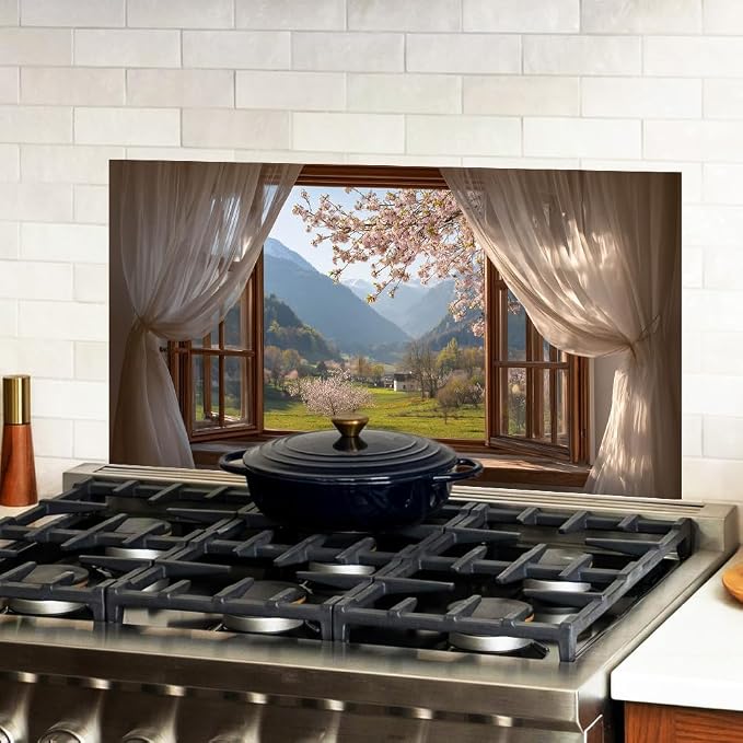 Cherry Blossom Mountain Kitchen Backsplash Peel and Stick, 30x16 in | Curtained window onto cherry blossoms over a sunlit mountain valley; flat 2D waterproof peel and stick; wipe clean; 30x16 in - Image 2