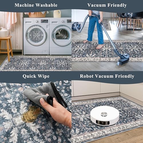 2x3 Non-Slip Washable Kitchen Rug - Boho Soft Small Area Rug for Sink, Entryway, Pet Area & Bathroom - Low Pile Thin Indoor Door Mat (Blue,2x3) - Image 7