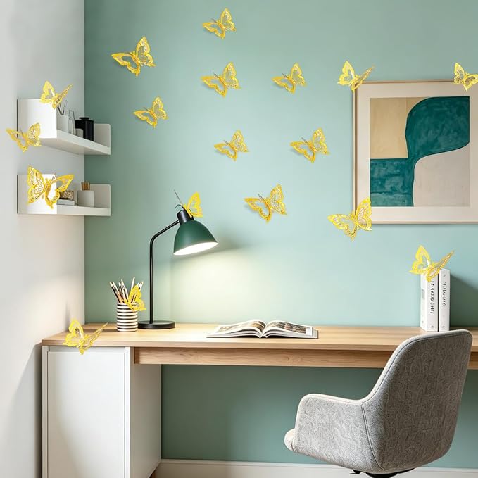 60 Pcs Butterfly Wall Decals - 3D Gold Butterflies Removable Mural Wall Stickers for Home Room Office Bedroom Decorations - Image 6
