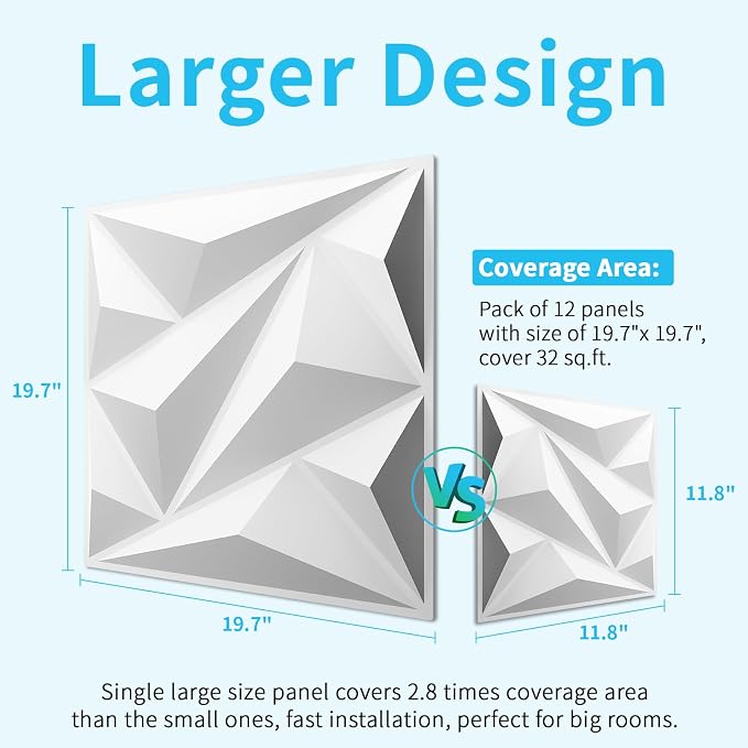 Art3dwallpanels 3D Wall Panels Diamond PVC, White, 19.7" x 19.7" | 3D Raised Diamond Wall Tiles, Waterproof Fireproof, 12 Sheets Large Size Pack, Easy DIY Install for Bedroom Living Room Wall - Image 2
