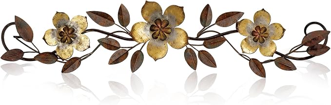 Wesiti Metal Flower Wall Decor Wrought Iron Scroll 15.7x3.7,Gold | Vintage Metal Flower decor,Farmhouse Leaf Art with Nails, Flat Not 3D Design, For Bedroom Kitchen Indoor Outdoor Wall Decor by Unteilti