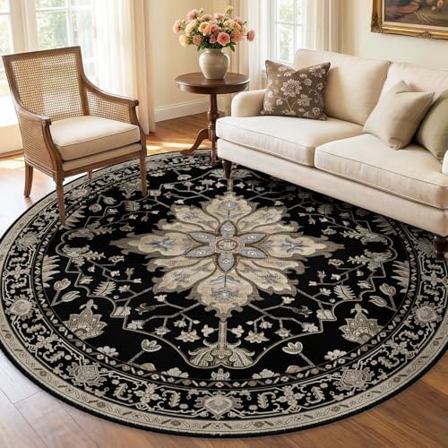RELEANY Washable Area Rug, Round 6ft, Black/Neutral by RELEANY