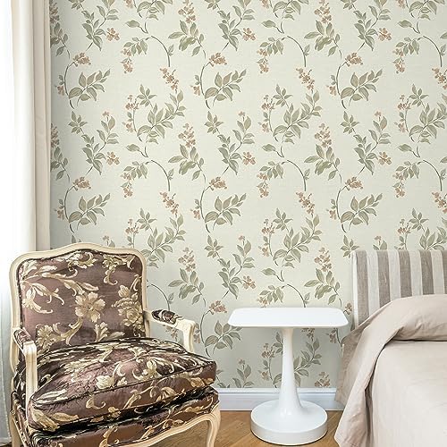 Vinjiasin Floral Peel and Stick Wallpaper Beige Contact Paper Self Adhesive Removable Vintage Flower Leaves Wallpaper for Bathroom Bedroom Living Room Wall Paper 16.1"x 197" - Image 7