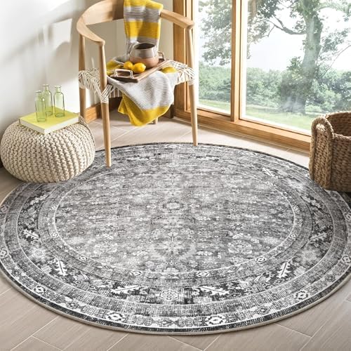 OPPODREAM Vintage Grey Area Rugs 5' Round, Washable Rug for Living Room by OPPODREAM