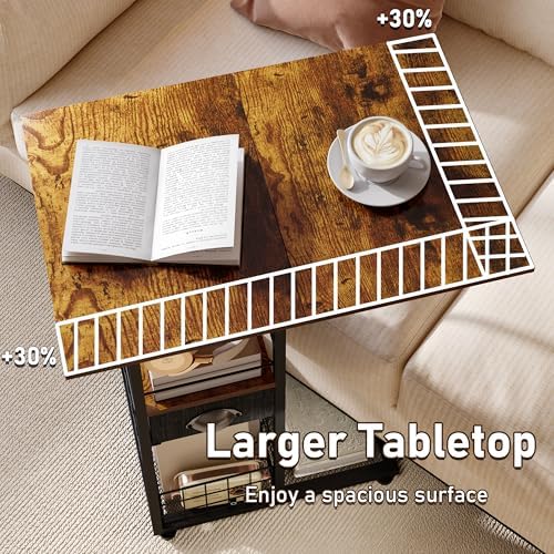 Rolling C-Shaped Side Table with Wheels and Oversized Wood Top, Mobile Overbed Stand with Drawer for Bed or Sofa, Metal Frame Couch Companion for Living Room, Bedroom, or Home Office (Large Desktop) - Image 4