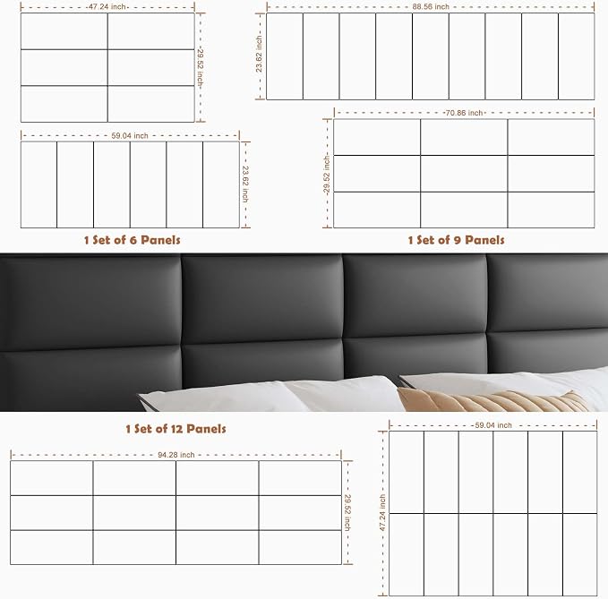IFNOW Wall Mounted Headboard, Peel and Stick Panels, Black, King | Upholstered 3D Soundproof Acoustic Panels, Reusable and Removable, Padded Leather Bed Headboard, 12 Panels, 9.84" x 23.62" - Image 3