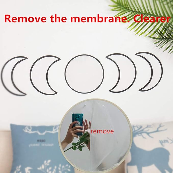 5 Pieces Scandinavian Natural Decor Acrylic Wall Decorative Interior Design Wooden Moon Phase Mirror Bohemian Wall Decoration for Home Living Room Bedroom - Not Real Mirror(Black) - Image 2