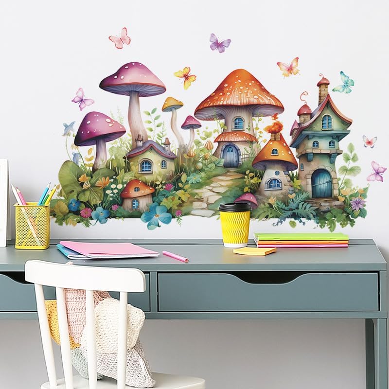 2 Sheets Colorful Cartoon Mushroom House Wall Stickers Removable DIY Green Plants and Flower Wall Stickers Viny Colorful Butterfly Wall Decal for Girls Home Nursery Bedroom Bathroom Decoration - Image 5