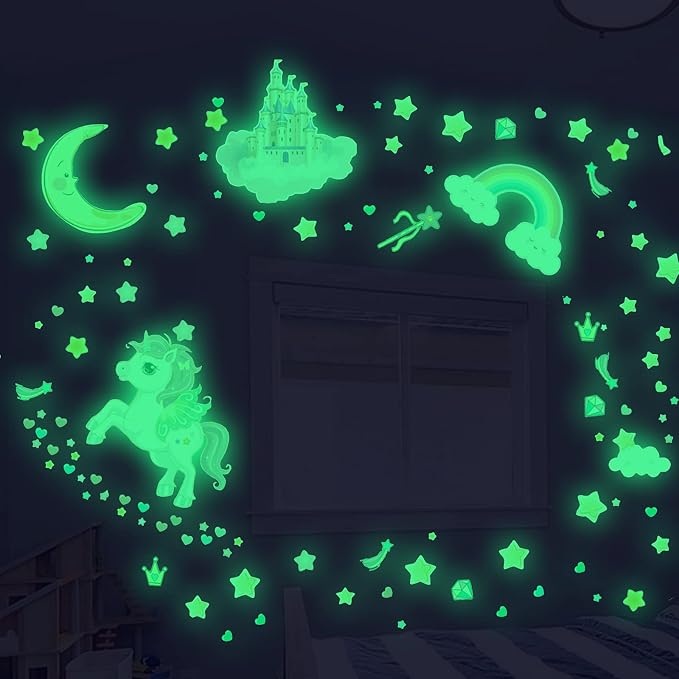 Glow in The Dark Stars and Unicorn Wall Decals, Glowing Castle Moon and Rainbow Stickers, 174 pcs Luminous Ceiling Decor for Kids Bedroom, Great Wall Decor for Girls and Boys Gift - Image 2
