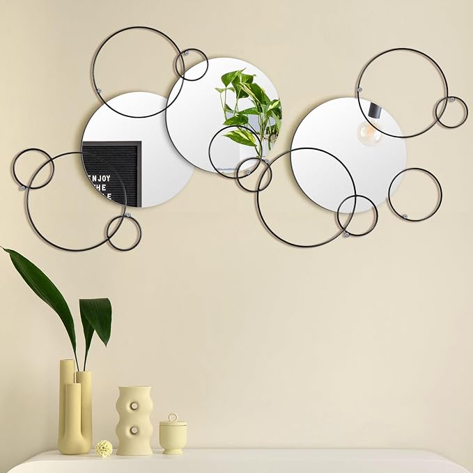 Hicarer 9 Pcs Split Decorative Wall Mirror Modern Black Wall Decor DIY Metal Wall Mirrors for Living Room Decor Circle Plates Overlapping Decorations Wall Decor Set for Hallway Entryway by Hicarer