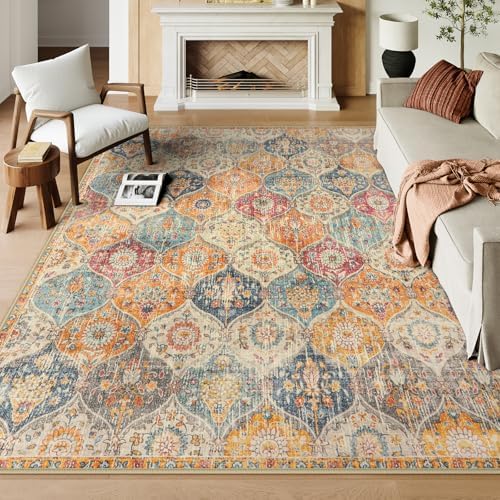 Lahome Moroccan Washable Area Rugs 9x12 Living Room, Soft 9x12 Area Rug for Bedroom, Oriental Non-Slip Non Shedding Throw Large Carpet for Dining Room Office Elise, Cream/Multi by Lahome