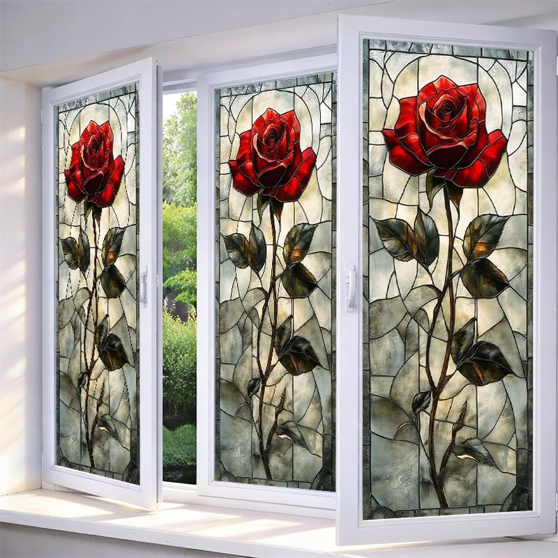 IVN Privacy Window Film Stained Glass Window Red Rose Floral Decorative by IVN